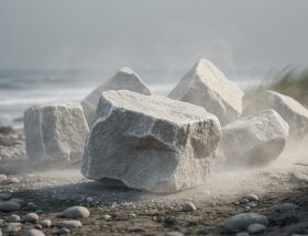 Low-angle view of rough-cut limestone blocks arranged on a misty shoreline, suggesting an ephemeral stone artwork exposed to wind and erosion.
