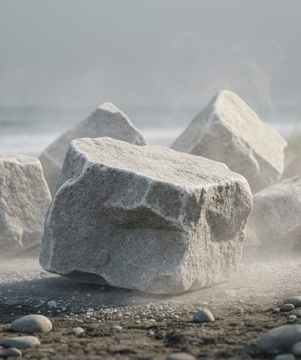 Low-angle view of rough-cut limestone blocks arranged on a misty shoreline, suggesting an ephemeral stone artwork exposed to wind and erosion.