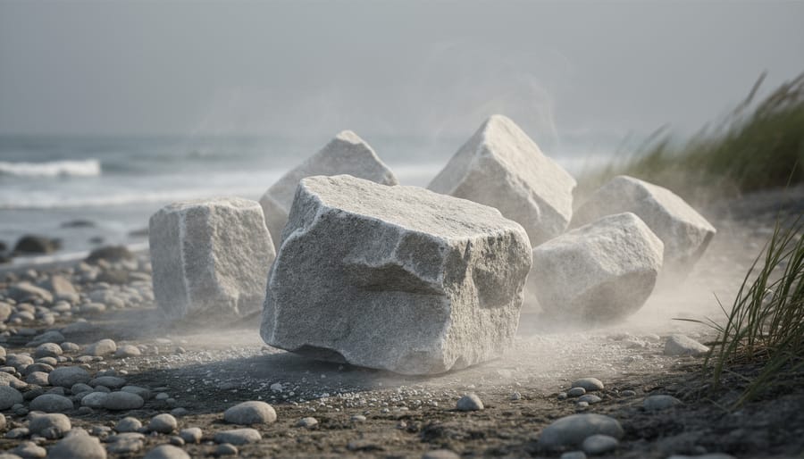 Low-angle view of rough-cut limestone blocks arranged on a misty shoreline, suggesting an ephemeral stone artwork exposed to wind and erosion.