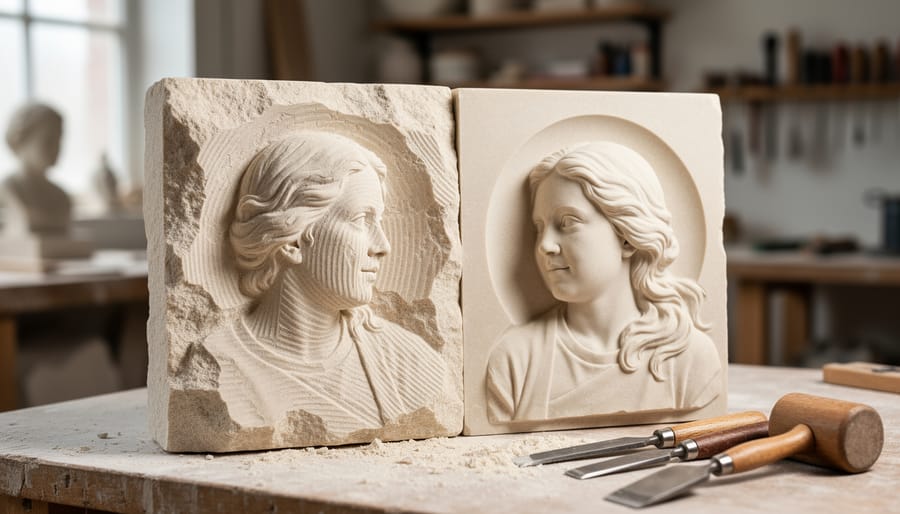 Small relief carving in stone with smoothed contours and visible texture resting on a workbench.