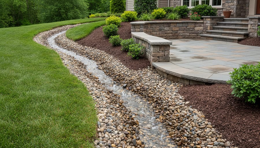 French drain and graded gravel area next to a stone walkway for stormwater diversion