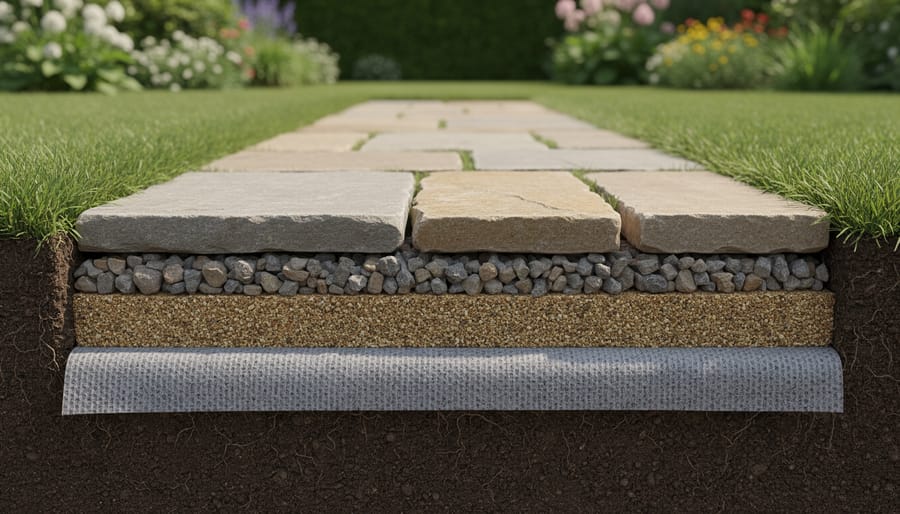 Close view of geotextile fabric and compacted gravel base beneath a stone patio edge