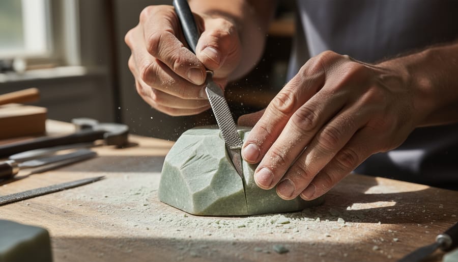 Close-up of stone carver’s hands using a chisel and hammer on a soapstone block on a workbench.