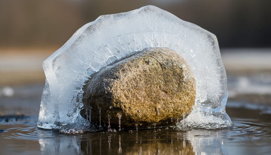 Stones partially embedded in translucent melting ice in an outdoor trough