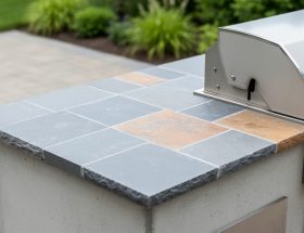 Close-up of an outdoor countertop with ceramic tile over a concrete backer and bluestone accents in a patio kitchen near a built-in grill.