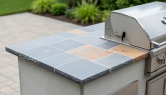 Close-up of an outdoor countertop with ceramic tile over a concrete backer and bluestone accents in a patio kitchen near a built-in grill.
