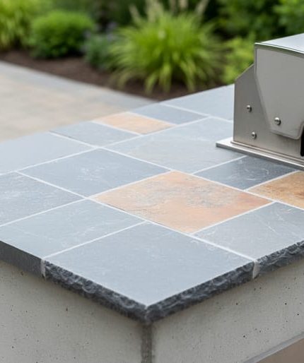 Close-up of an outdoor countertop with ceramic tile over a concrete backer and bluestone accents in a patio kitchen near a built-in grill.