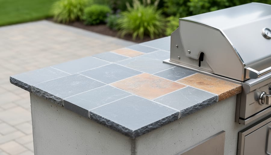 Close-up of an outdoor countertop with ceramic tile over a concrete backer and bluestone accents in a patio kitchen near a built-in grill.