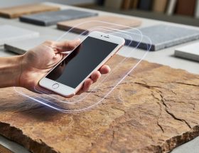 Close-up of a natural stone slab with a hand holding an iPhone above it, suggesting iOS photogrammetry capture for creating a digital 3D model.