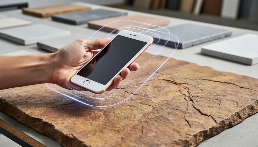Close-up of a natural stone slab with a hand holding an iPhone above it, suggesting iOS photogrammetry capture for creating a digital 3D model.