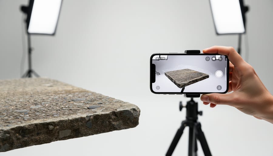 Person using an iPhone with LiDAR to scan a natural stone slab on a workbench