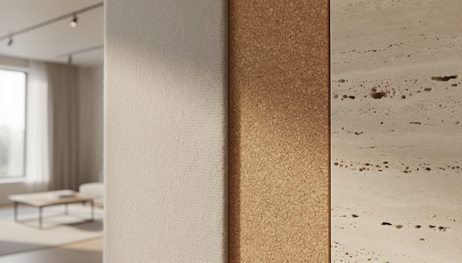 Natural acoustic materials in a modern interior, showing textured wool, cork or wood-fiber panels, and porous limestone/travertine stone surfaces for sound absorption.