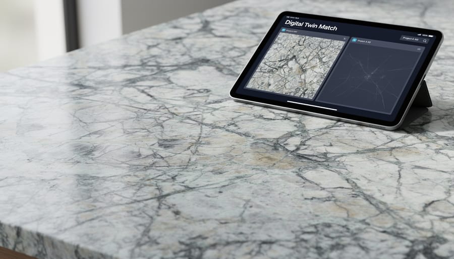 Close-up of a natural stone slab showing detailed veining and polished texture