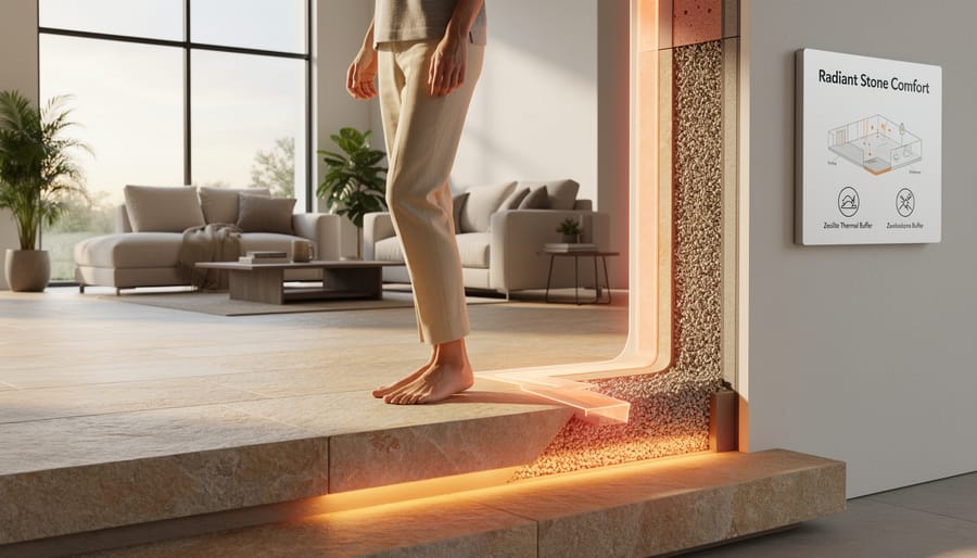 Person’s feet on natural stone flooring in a bright interior, suggesting thermal comfort and stable surface temperatures.