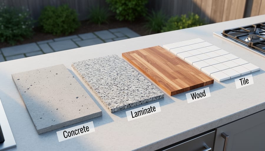 Outdoor countertop material samples showing different finishes such as porcelain tile, concrete, and bluestone-like stone