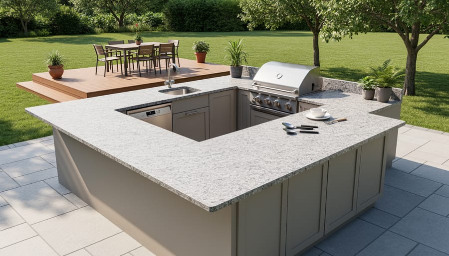 Outdoor kitchen with a bluestone or limestone-style countertop under a covered patio with dining seating in the background