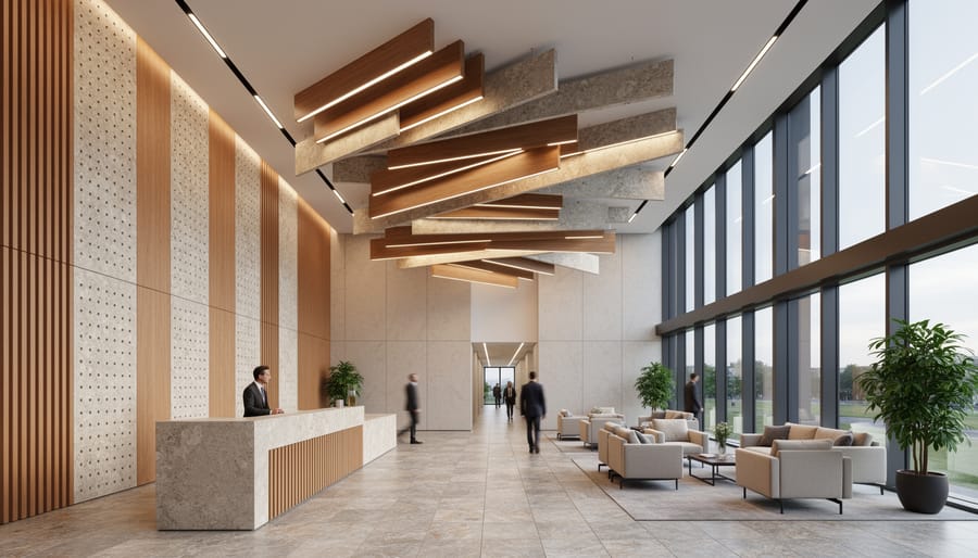 Hotel lobby with perforated natural stone acoustic panels and slatted wood elements