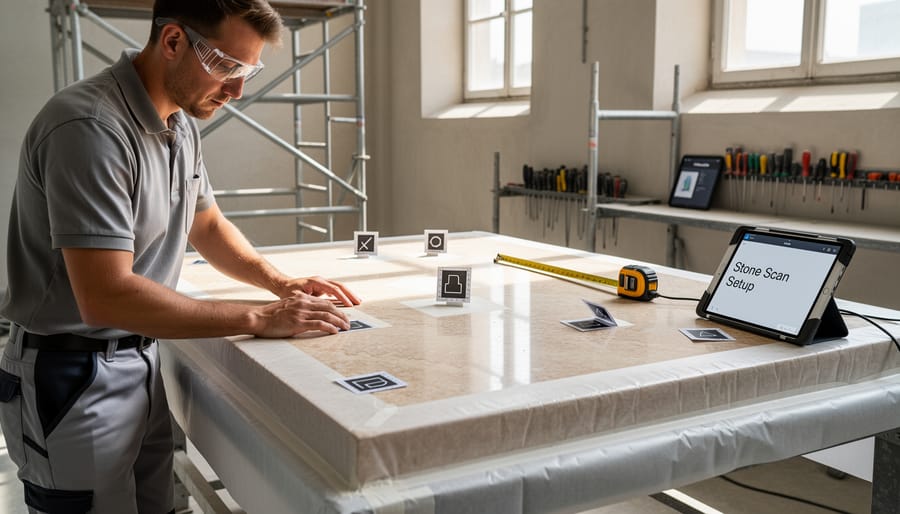 Technician preparing a polished marble countertop for photogrammetry with protective handling and controlled lighting