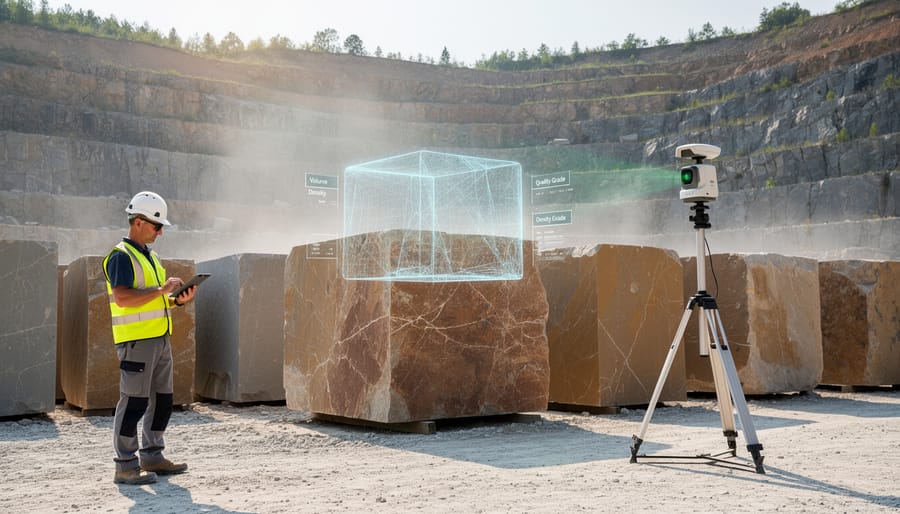 Worker scanning a stone block in a quarry with a handheld 3D device