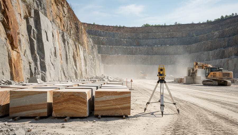 Drone and quarry machinery at a stone quarry during golden hour