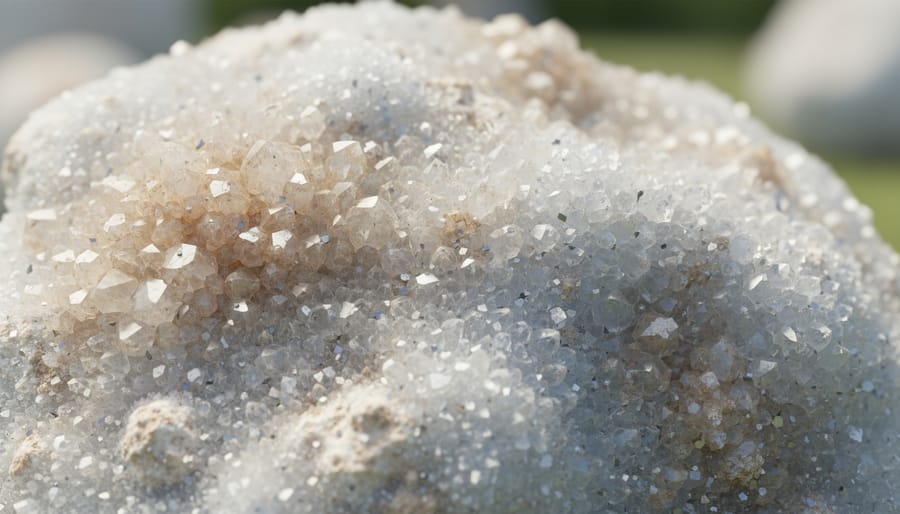 Close-up view of a quartz natural stone surface showing sparkling texture and natural color variation