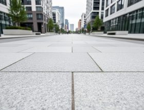 Low-angle view of an urban plaza pathway paved with large quartz stone slabs, showing uniform color and detailed textured surface.