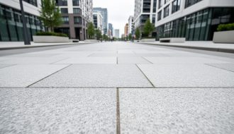 Low-angle view of an urban plaza pathway paved with large quartz stone slabs, showing uniform color and detailed textured surface.