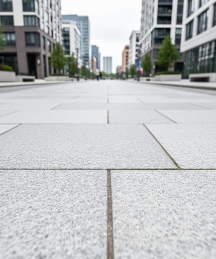 Low-angle view of an urban plaza pathway paved with large quartz stone slabs, showing uniform color and detailed textured surface.