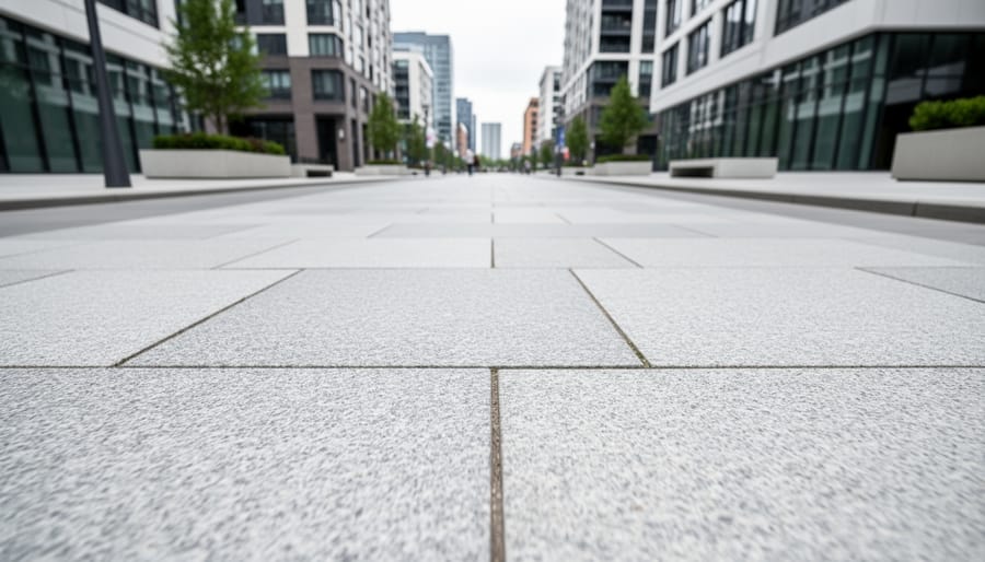 Low-angle view of an urban plaza pathway paved with large quartz stone slabs, showing uniform color and detailed textured surface.