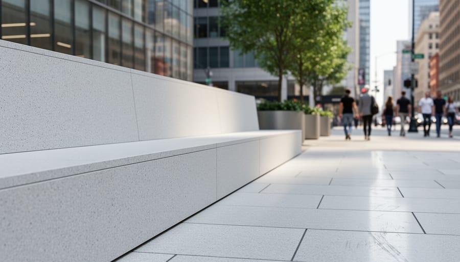 Quartz stone seating wall and walkway in a busy urban area with sunlight and greenery