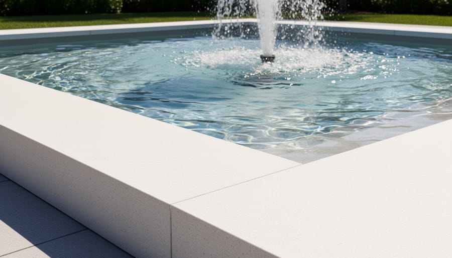 Quartz stone surround around a modern reflective pool with golden hour highlights