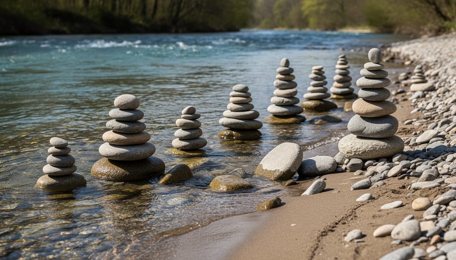 Smooth stones stacked on a riverbank, partially submerged by flowing water