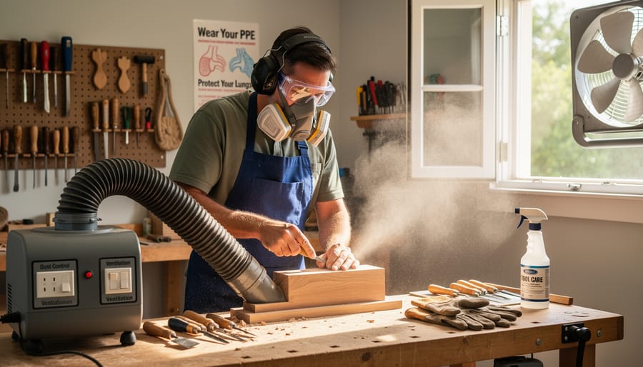 Carver wearing protective eye gear and a dust mask using a workstation with ventilation and dust collection in the background.