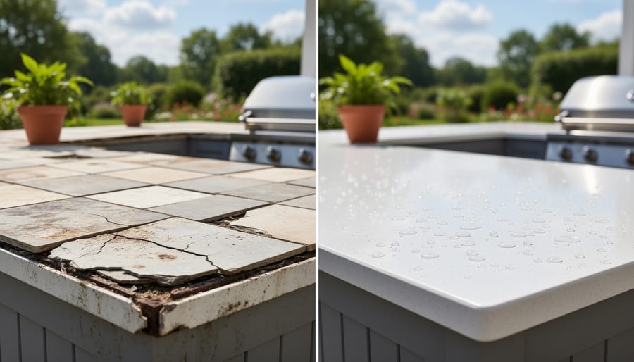 Person applying sealant around the seam of an outdoor tile countertop in a patio setting