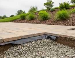 Close view of a stone patio and paver edge on a landscaped slope, showing a prepared gravel base and erosion-control fabric beneath stones with green vegetation in the background.