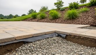 Close view of a stone patio and paver edge on a landscaped slope, showing a prepared gravel base and erosion-control fabric beneath stones with green vegetation in the background.