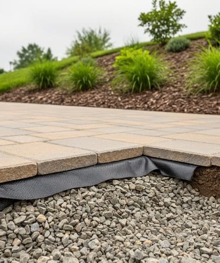 Close view of a stone patio and paver edge on a landscaped slope, showing a prepared gravel base and erosion-control fabric beneath stones with green vegetation in the background.