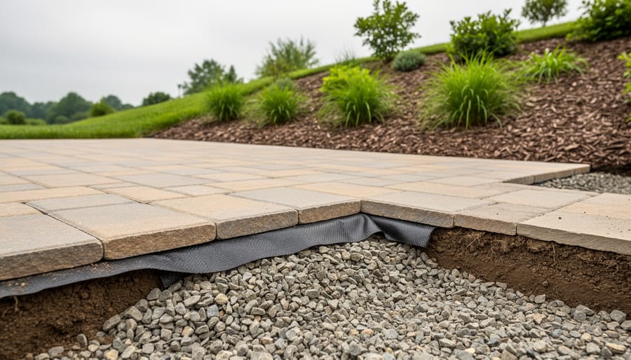 Close view of a stone patio and paver edge on a landscaped slope, showing a prepared gravel base and erosion-control fabric beneath stones with green vegetation in the background.
