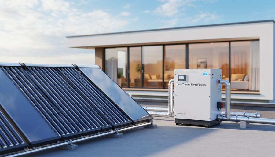 Solar thermal collectors mounted on a building roof in warm golden hour sunlight.