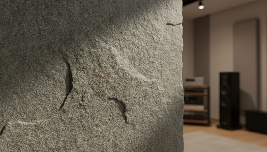Close-up view of naturally textured limestone or travertine stone finishes