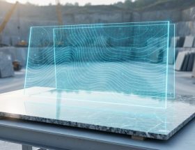 Polished marble stone slab in a quarry with a translucent holographic 3D digital twin overlay matching the slab’s veining and shape.