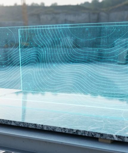 Polished marble stone slab in a quarry with a translucent holographic 3D digital twin overlay matching the slab’s veining and shape.