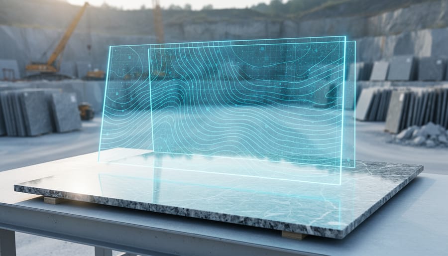 Polished marble stone slab in a quarry with a translucent holographic 3D digital twin overlay matching the slab’s veining and shape.