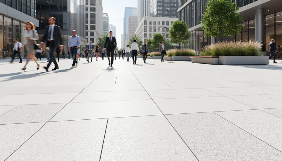 Modern urban plaza paved with quartz cobblestones and pavers with planters in the background