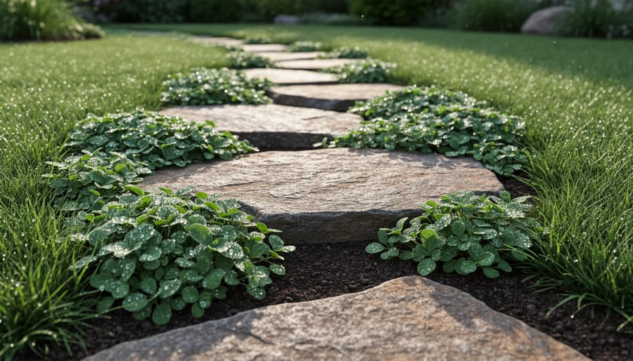 Groundcover plants stabilizing soil beside a natural stone retaining wall
