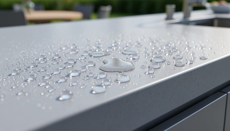 Water droplets beading on a granite or faux-granite outdoor countertop surface
