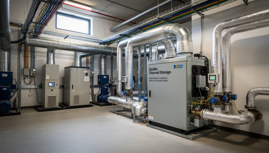 Zeolite thermal storage unit in a modern building mechanical room with insulated equipment and piping.