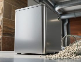Close-up of zeolite thermal storage equipment with mineral granules near a natural stone wall inside a modern building.