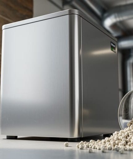 Close-up of zeolite thermal storage equipment with mineral granules near a natural stone wall inside a modern building.