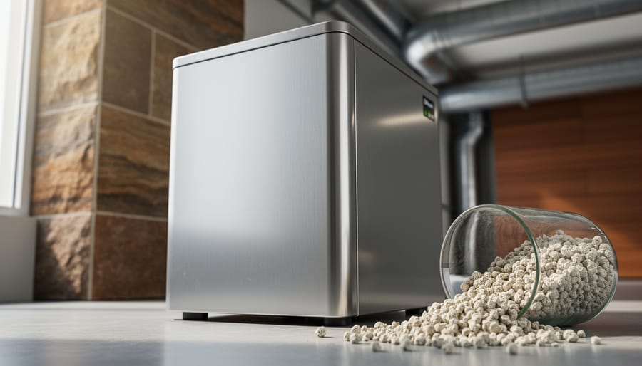 Close-up of zeolite thermal storage equipment with mineral granules near a natural stone wall inside a modern building.